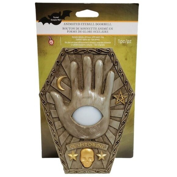 New Halloween Eyeball Doorbell Animated Creepy Coffin Hand Sound Lights Up Gemmy - Picture 2 of 11